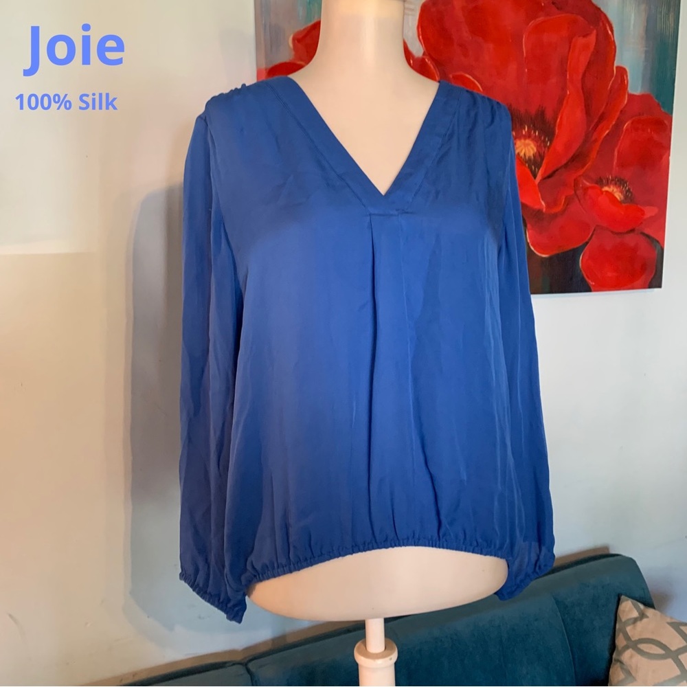 Joie Silk Blouse Shirt Vneck Tunic Royal Blue XS X-Small Top Shirt